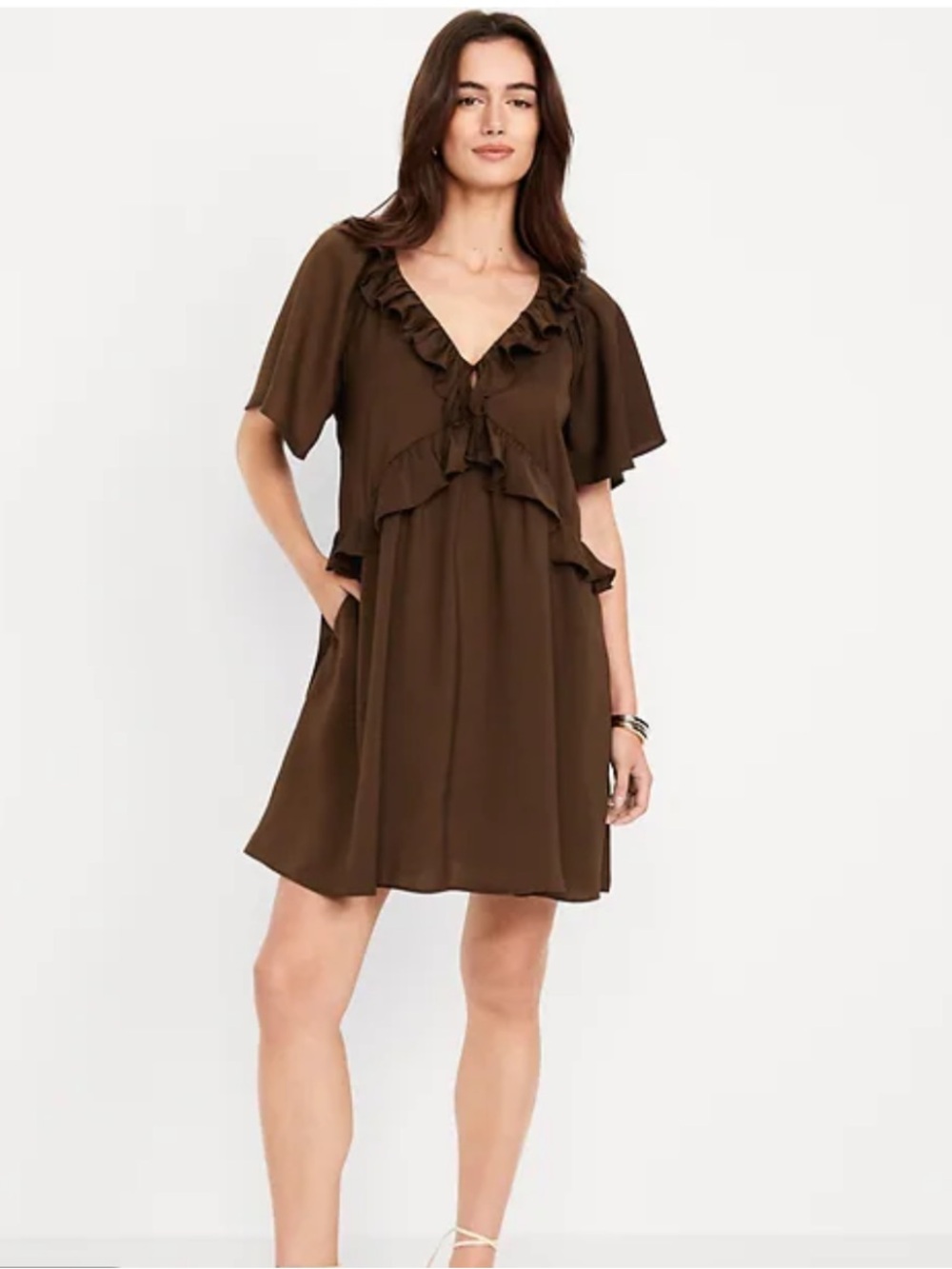 Old Navy Chocolate Brown Satin Ruffle Mini Dress | SIZE S